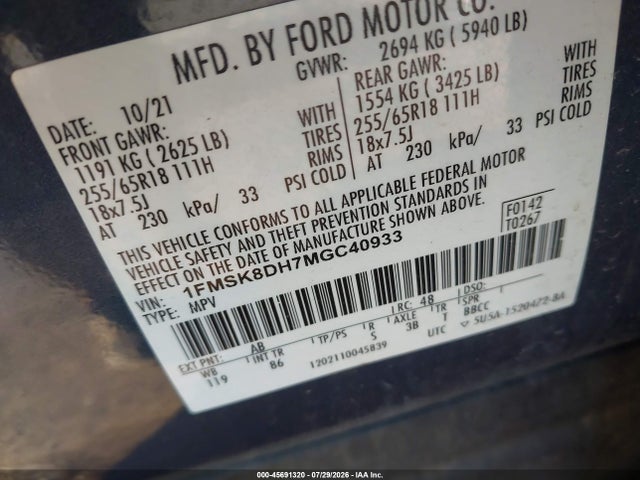 Продажа на аукционе авто 2021 Ford Explorer Xlt, vin: 1FMSK8DH7MGC40933, номер лота: 45691320