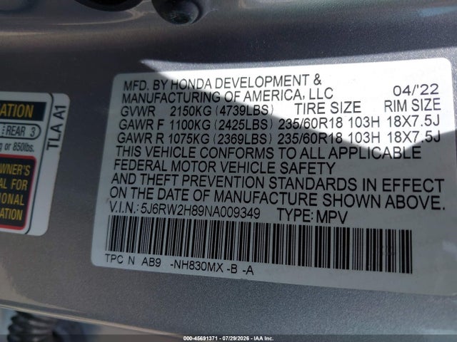 Aukcja sprzedaży 2022 Honda Cr-v Awd Ex-l, vin: 5J6RW2H89NA009349, numer aukcji: 45691371