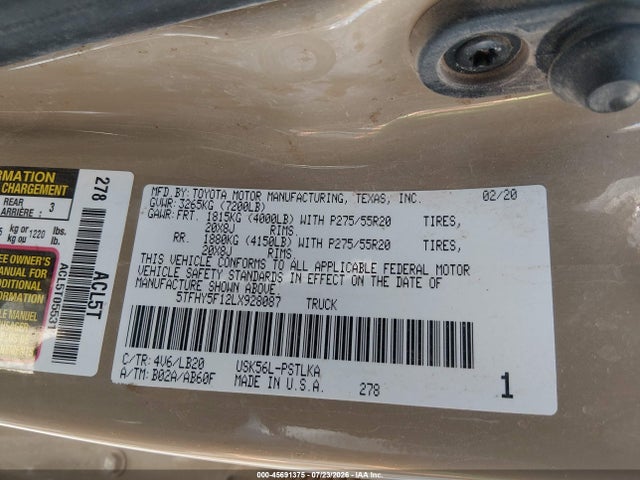 45691375 :رقم المزاد ، 5TFHY5F12LX928087 vin ، 2020 Toyota Tundra Limited مزاد بيع