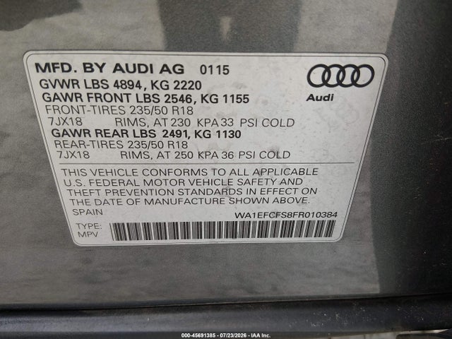 Aukcja sprzedaży 2015 Audi Q3 2.0t Premium Plus, vin: WA1EFCFS8FR010384, numer aukcji: 45691385