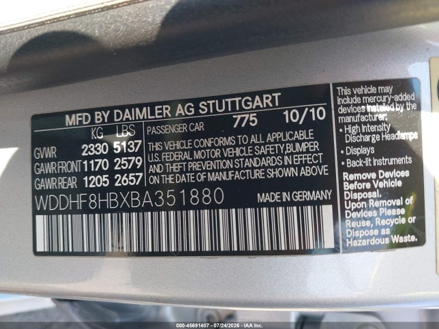 Продажа на аукционе авто 2011 Mercedes-benz E 350 4matic, vin: WDDHF8HBXBA351880, номер лота: 45691407
