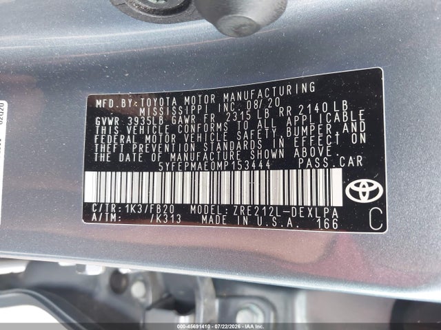 45691410 :رقم المزاد ، 5YFEPMAE0MP153444 vin ، 2021 Toyota Corolla Le مزاد بيع