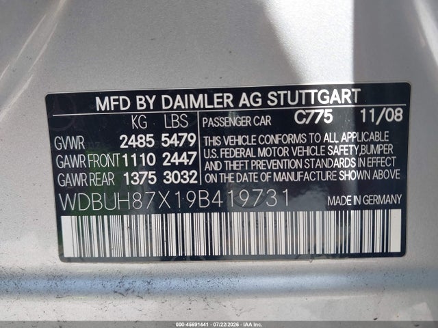 Aukcja sprzedaży 2009 Mercedes-benz E 350 4matic, vin: WDBUH87X19B419731, numer aukcji: 45691441