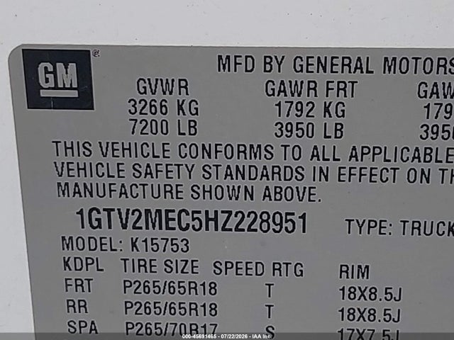Продаж на аукціоні авто 2017 Gmc Sierra 1500 Sle, vin: 1GTV2MEC5HZ228951, номер лоту: 45691465