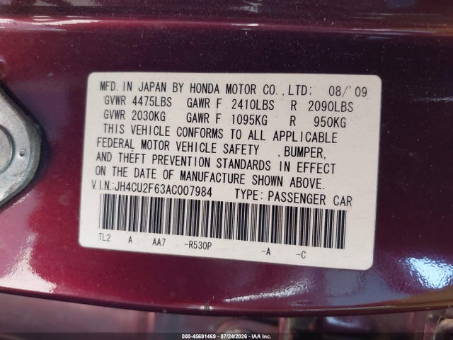 45691469 :رقم المزاد ، JH4CU2F63AC007984 vin ، 2010 Acura Tsx 2.4 مزاد بيع