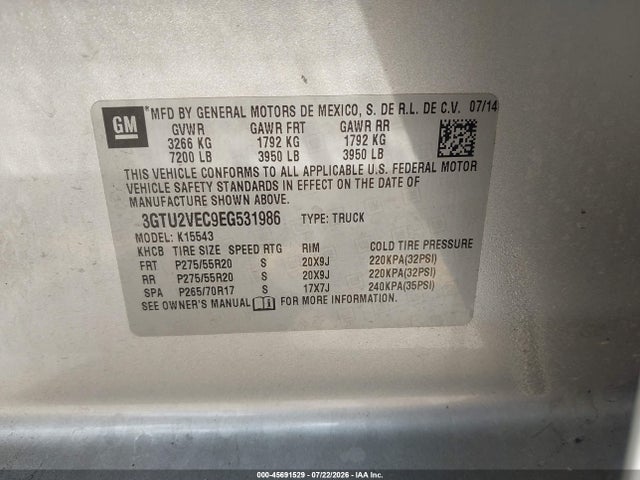Aukcja sprzedaży 2014 Gmc Sierra 1500 Slt, vin: 3GTU2VEC9EG531986, numer aukcji: 45691529