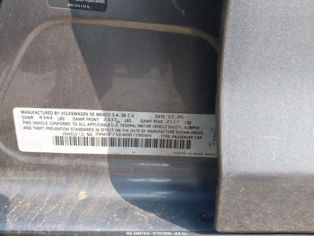Продажа на аукционе авто 2006 Volkswagen Jetta 2.5, vin: 3VWSF71K46M728584, номер лота: 45691544