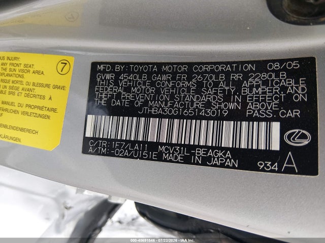 Aukcja sprzedaży 2006 Lexus Es 330, vin: JTHBA30G165143019, numer aukcji: 45691546