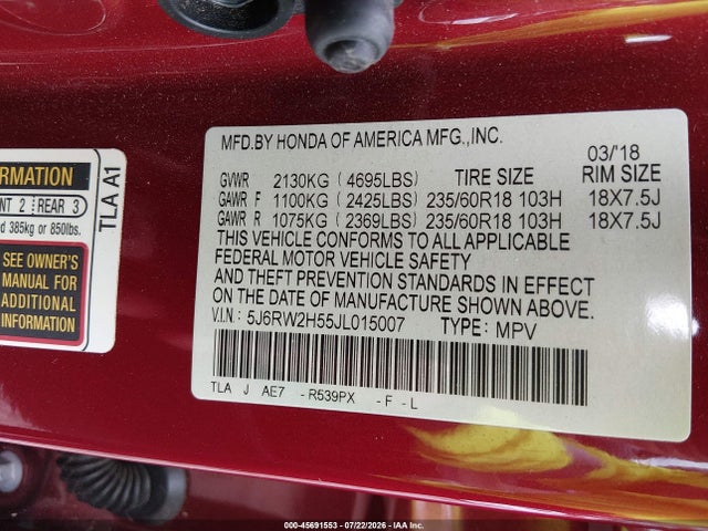 5J6RW2H55JL015007 Honda CR-V EX