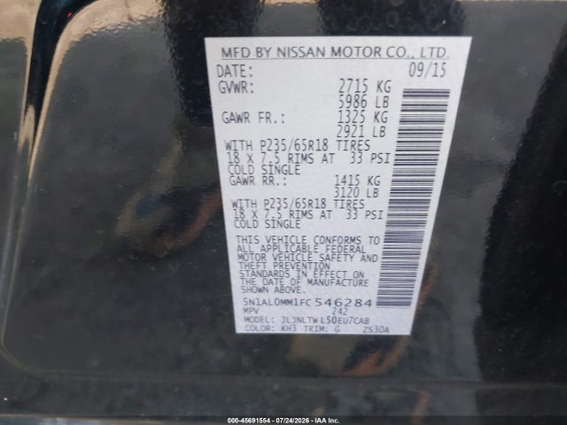 Aukcja sprzedaży 2015 Infiniti Qx60, vin: 5N1AL0MM1FC546284, numer aukcji: 45691554