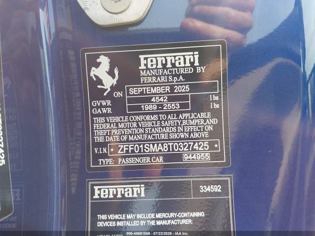 Продажа на аукционе авто 2026 Ferrari 296 Gts, vin: ZFF01SMA8T0327425, номер лота: 45691556