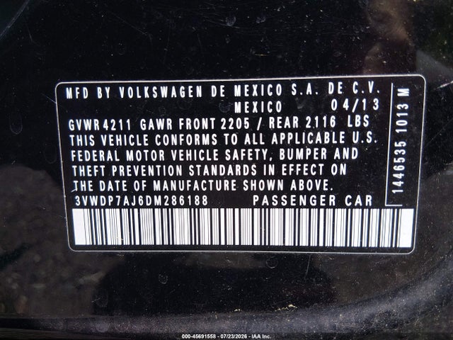 2013 Volkswagen Jetta 2.5l Se მანქანა იყიდება აუქციონზე, vin: 3VWDP7AJ6DM286188, აუქციონის ნომერი: 45691558