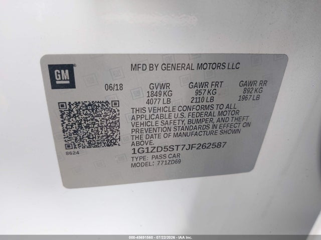 Auction sale of the 2018 Chevrolet Malibu Lt, vin: 1G1ZD5ST7JF262587, lot number: 45691560