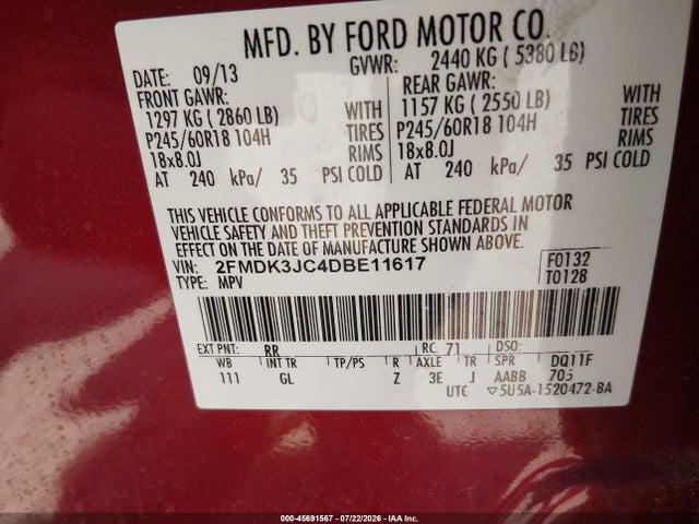 45691567 :رقم المزاد ، 2FMDK3JC4DBE11617 vin ، 2013 Ford Edge Sel مزاد بيع