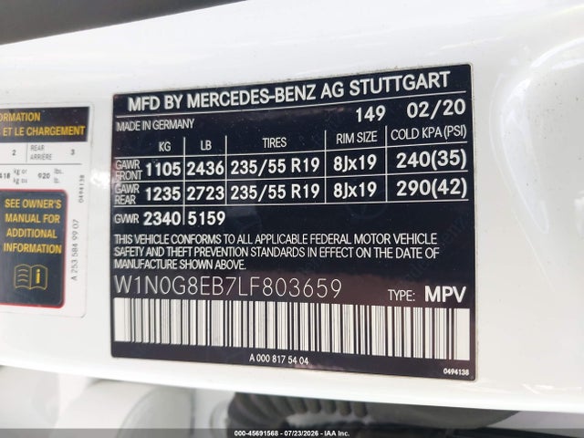 Aukcja sprzedaży 2020 Mercedes-benz Glc 300 4matic, vin: W1N0G8EB7LF803659, numer aukcji: 45691568
