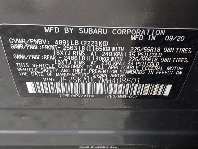 Продаж на аукціоні авто 2021 Subaru Forester Limited, vin: JF2SKAUC7MH408601, номер лоту: 45691573