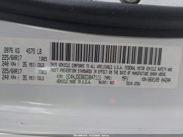 2014 Jeep Compass Latitude მანქანა იყიდება აუქციონზე, vin: 1C4NJDEB6ED847111, აუქციონის ნომერი: 45691575