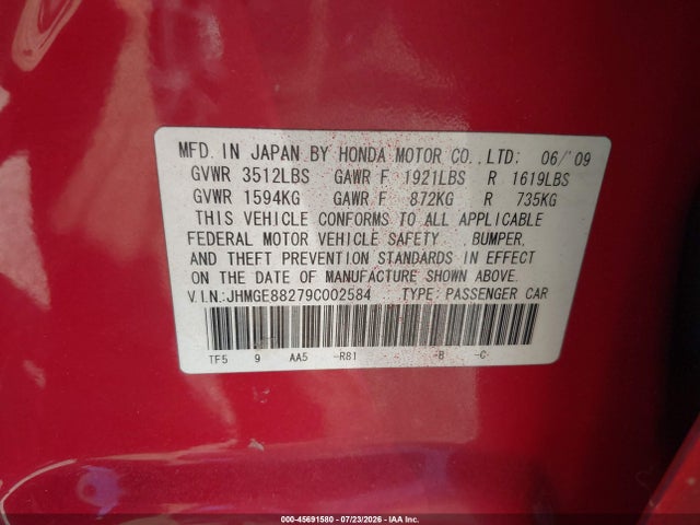 45691580 :رقم المزاد ، JHMGE88279C002584 vin ، 2009 Honda Fit مزاد بيع