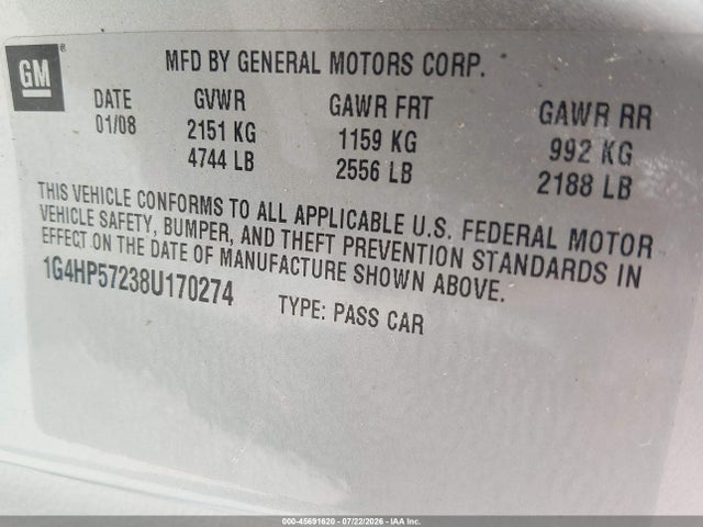 45691620 :رقم المزاد ، 1G4HP57238U170274 vin ، 2008 Buick Lucerne Cx مزاد بيع