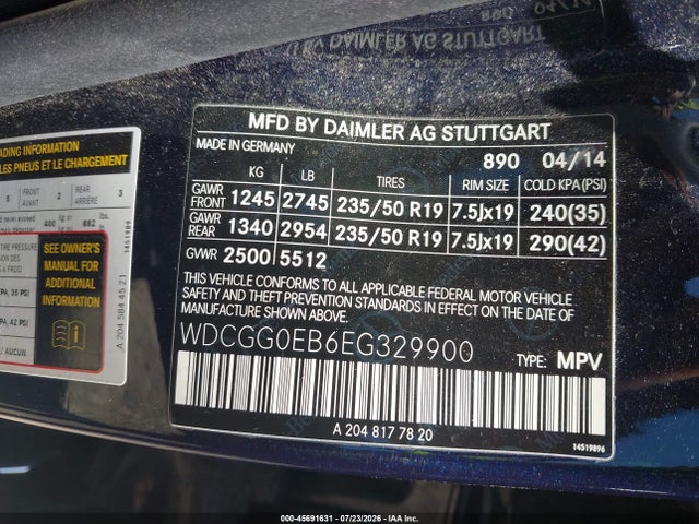 45691631 :رقم المزاد ، WDCGG0EB6EG329900 vin ، 2014 Mercedes-benz Glk 250 Bluetec 4matic مزاد بيع