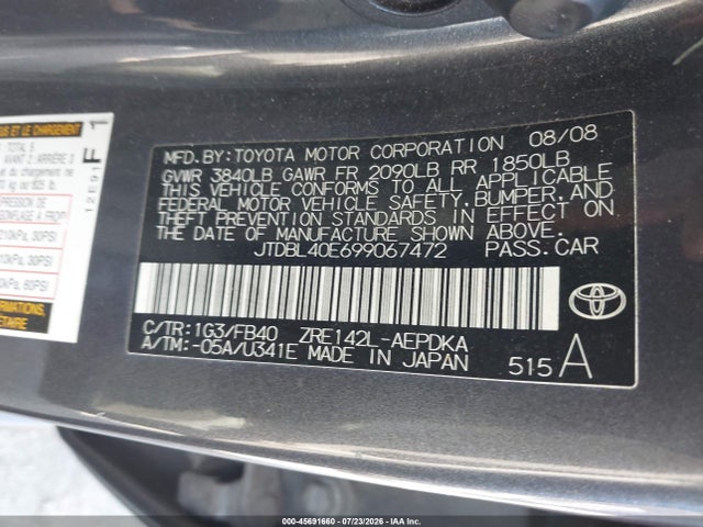 2009 Toyota Corolla Le მანქანა იყიდება აუქციონზე, vin: JTDBL40E699067472, აუქციონის ნომერი: 45691660