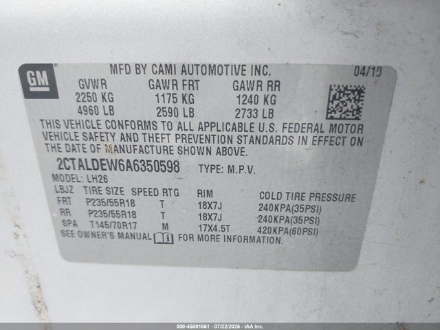Продаж на аукціоні авто 2010 Gmc Terrain Sle-2, vin: 2CTALDEW6A6350598, номер лоту: 45691661