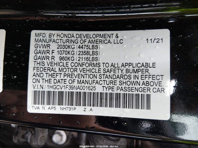 45691663 :رقم المزاد ، 1HGCV1F39NA001625 vin ، 2022 Honda Accord Sport مزاد بيع