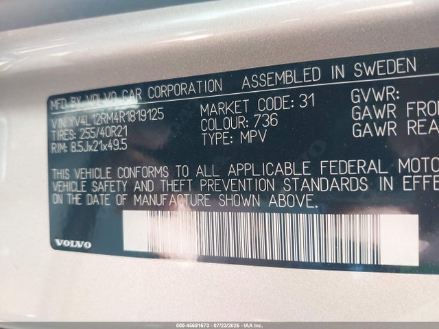 Aukcja sprzedaży 2024 Volvo Xc60 B5 Ultimate Dark Theme, vin: YV4L12RM4R1819125, numer aukcji: 45691673