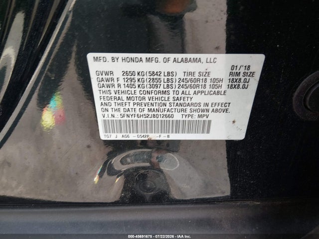 Продаж на аукціоні авто 2018 Honda Pilot Ex-l, vin: 5FNYF6H52JB012660, номер лоту: 45691675