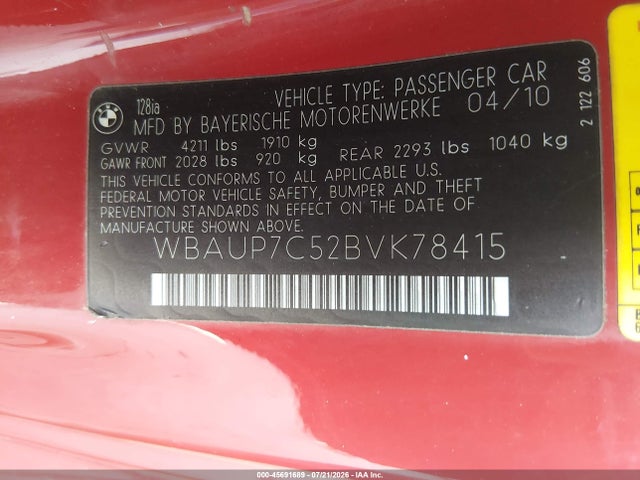 45691689 :رقم المزاد ، WBAUP7C52BVK78415 vin ، 2011 Bmw 128i مزاد بيع