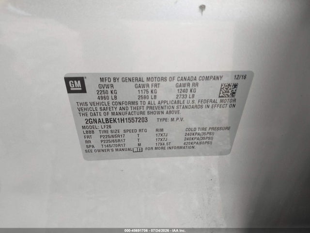 Aukcja sprzedaży 2017 Chevrolet Equinox Ls, vin: 2GNALBEK1H1557203, numer aukcji: 45691706