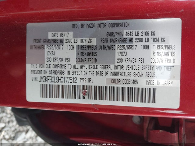 Aukcja sprzedaży 2017 Mazda Cx-5 Touring, vin: JM3KFBCL9H0177612, numer aukcji: 45691722