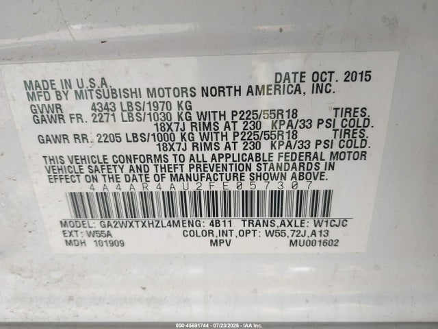 45691744 :رقم المزاد ، 4A4AR4AU2FE057307 vin ، 2015 Mitsubishi Outlander Sport Se مزاد بيع