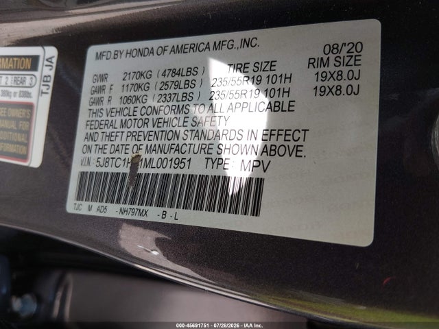 Aukcja sprzedaży 2021 Acura Rdx Technology Package, vin: 5J8TC1H51ML001951, numer aukcji: 45691751