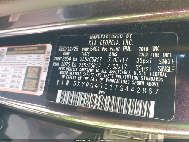 Aukcja sprzedaży 2026 Kia Sorento Lx, vin: 5XYRG4JC1TG442867, numer aukcji: 45691773