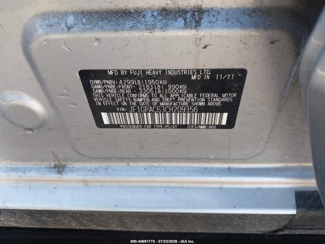 Продажа на аукционе авто 2012 Subaru Impreza 2.0i Premium, vin: JF1GPAC63CH209356, номер лота: 45691775