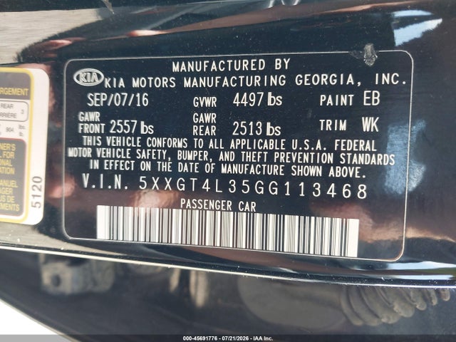 45691776 :رقم المزاد ، 5XXGT4L35GG113468 vin ، 2016 Kia Optima Lx مزاد بيع