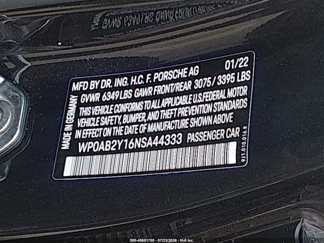 2022 Porsche Taycan 4s მანქანა იყიდება აუქციონზე, vin: WP0AB2Y16NSA44333, აუქციონის ნომერი: 45691780