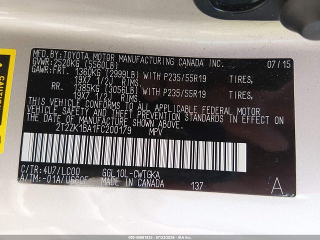 2015 Lexus Rx 350 მანქანა იყიდება აუქციონზე, vin: 2T2ZK1BA1FC200179, აუქციონის ნომერი: 45691832