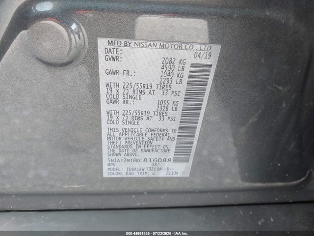 2019 Nissan Rogue Sl მანქანა იყიდება აუქციონზე, vin: 5N1AT2MT8KC816088, აუქციონის ნომერი: 45691836