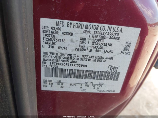 Продаж на аукціоні авто 2000 Ford F-250 Lariat/xl/xlt, vin: 1FTNX20F1YEC53988, номер лоту: 45691842