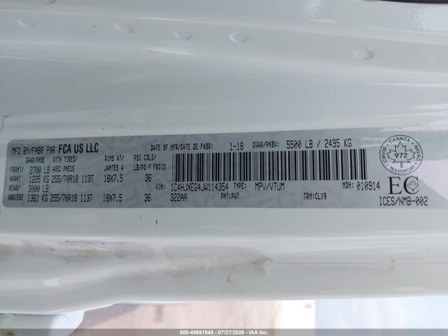 2018 Jeep Wrangler Unlimited Sahara მანქანა იყიდება აუქციონზე, vin: 1C4HJXEG4JW114354, აუქციონის ნომერი: 45691845