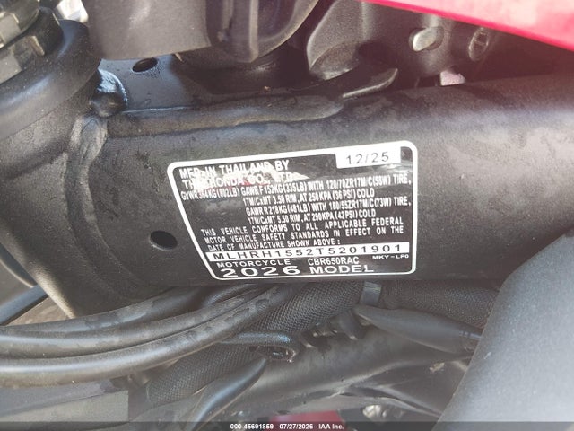 Aukcja sprzedaży 2026 Honda Cbr650 R, vin: MLHRH1552T5201901, numer aukcji: 45691859