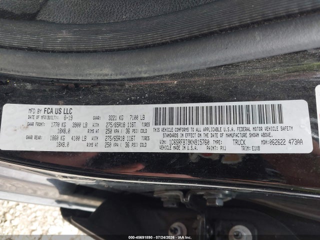 Aukcja sprzedaży 2019 Ram 1500 Big Horn/lone Star  4x4 6'4 Box, vin: 1C6SRFBT9KN915760, numer aukcji: 45691890