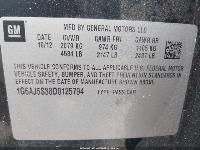 2013 Cadillac Ats Performance მანქანა იყიდება აუქციონზე, vin: 1G6AJ5S38D0125794, აუქციონის ნომერი: 45691903