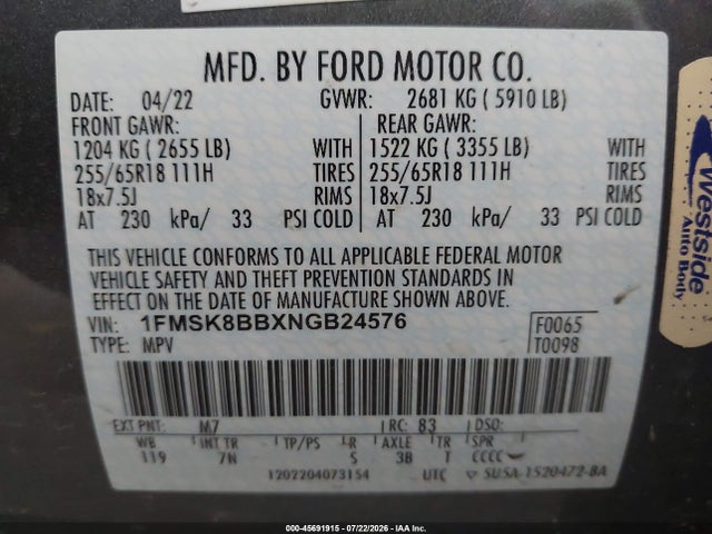 Aukcja sprzedaży 2022 Ford Explorer, vin: 1FMSK8BBXNGB24576, numer aukcji: 45691915