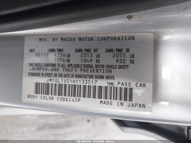 Продажа на аукционе авто 2017 Mazda Mazda6 Touring, vin: JM1GL1V51H1133517, номер лота: 45691935