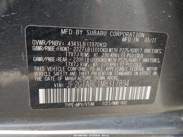 Продажа на аукционе авто 2021 Subaru Crosstrek, vin: JF2GTABC1M8317894, номер лота: 45691945