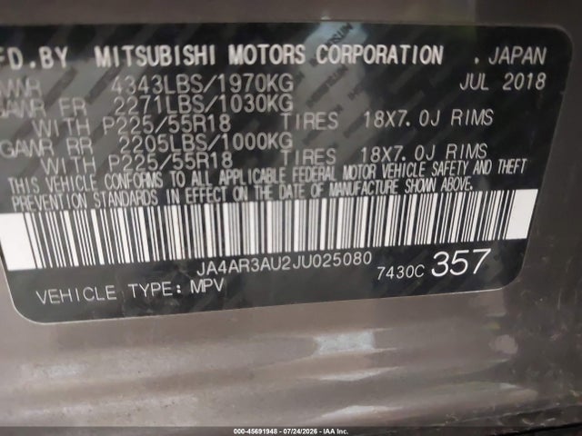 Auction sale of the 2018 Mitsubishi Outlander Sport 2.0 Es/2.0 Le, vin: JA4AR3AU2JU025080, lot number: 45691948
