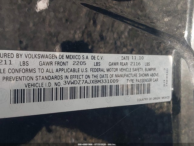 45691966 :رقم المزاد ، 3VWDZ7AJXBM331009 vin ، 2011 Volkswagen Jetta 2.5l Se مزاد بيع